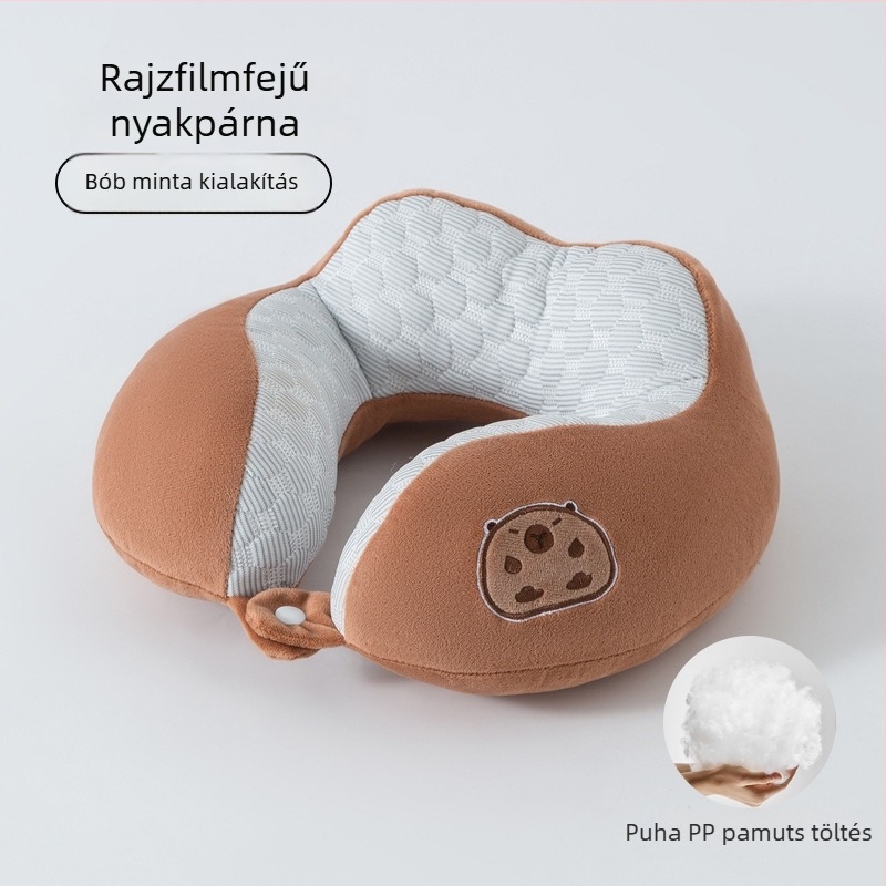 Negy görbés U-alakú nyakpárna irodába és utazáshoz — PP-pamut töltet, puha spandex anyag, rajzfilm-stílus, hordozható utazó nyakpárna