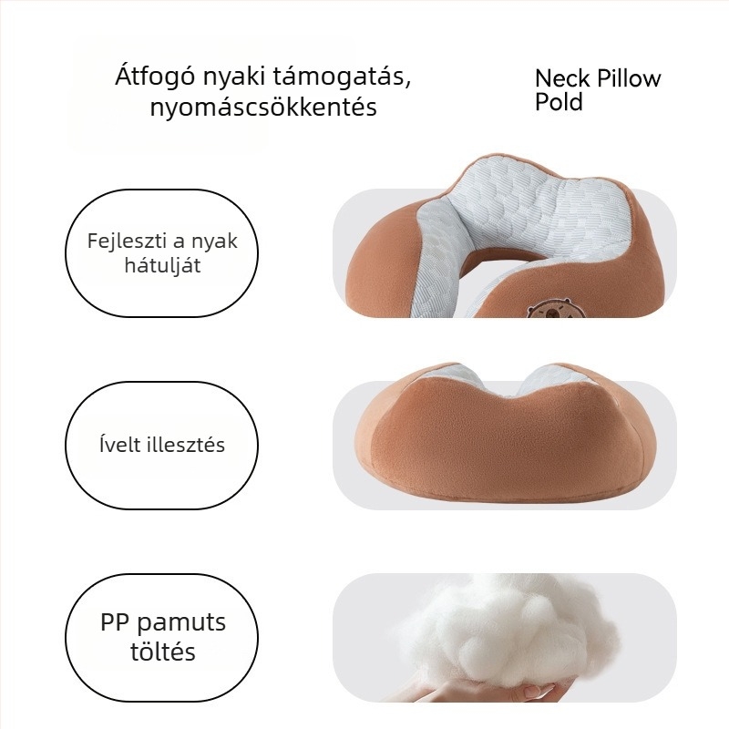 Negy görbés U-alakú nyakpárna irodába és utazáshoz — PP-pamut töltet, puha spandex anyag, rajzfilm-stílus, hordozható utazó nyakpárna