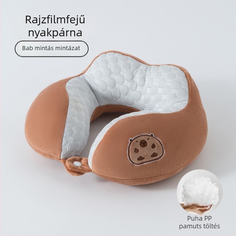 Negy görbés U-alakú nyakpárna irodába és utazáshoz — PP-pamut töltet, puha spandex anyag, rajzfilm-stílus, hordozható utazó nyakpárna