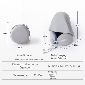 Kapuccsal ellátott U-formájú nyakpárna, memóriahab, ice silk anyag, hordozható utazásokhoz, repülőn alváshoz