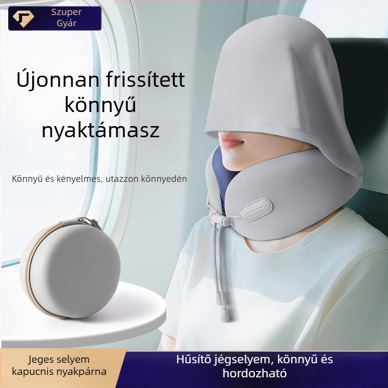 Kapuccsal ellátott U-formájú nyakpárna, memóriahab, ice silk anyag, hordozható utazásokhoz, repülőn alváshoz