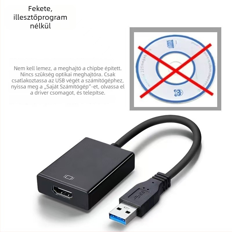 USB 3.0–HDMI adapterkábel, Modell U-hd, 1080p támogatás, 9-vezetékes réz vezető, nikkel bevonatú csatlakozók