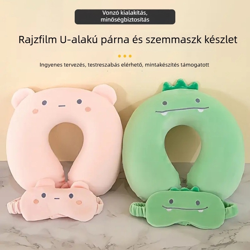 Rajzfilmfigurás U-alakú párna szemmaszkkal, memóriás hab, spandex anyag, felnőtteknek