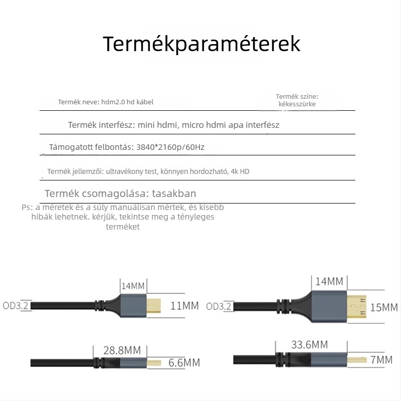 HDMI‑kábel Mini HDMI/Mikro HDMI-hez, 4K60Hz, HDMI 2.0, Szürke ház