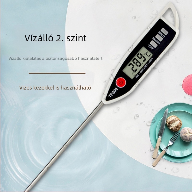 Toll típusú digitális élelmiszerhőmérő rozsdamentes acél tippel – ételek, olaj és tej hőmérsékletének mérésére; AG13 elemről működik