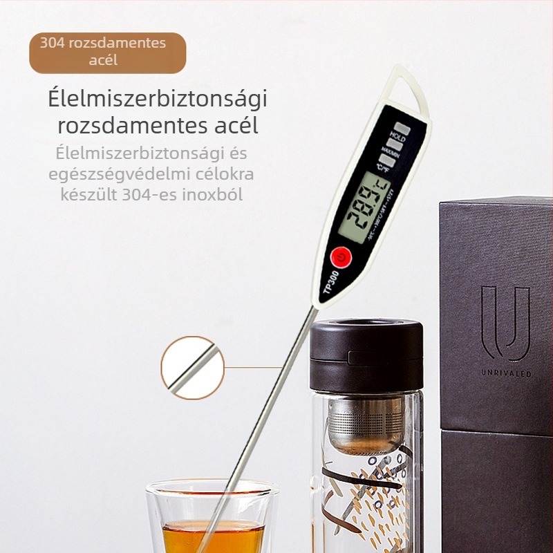Toll típusú digitális élelmiszerhőmérő rozsdamentes acél tippel – ételek, olaj és tej hőmérsékletének mérésére; AG13 elemről működik