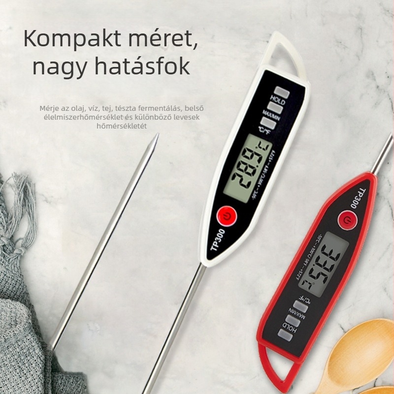 Toll típusú digitális élelmiszerhőmérő rozsdamentes acél tippel – ételek, olaj és tej hőmérsékletének mérésére; AG13 elemről működik