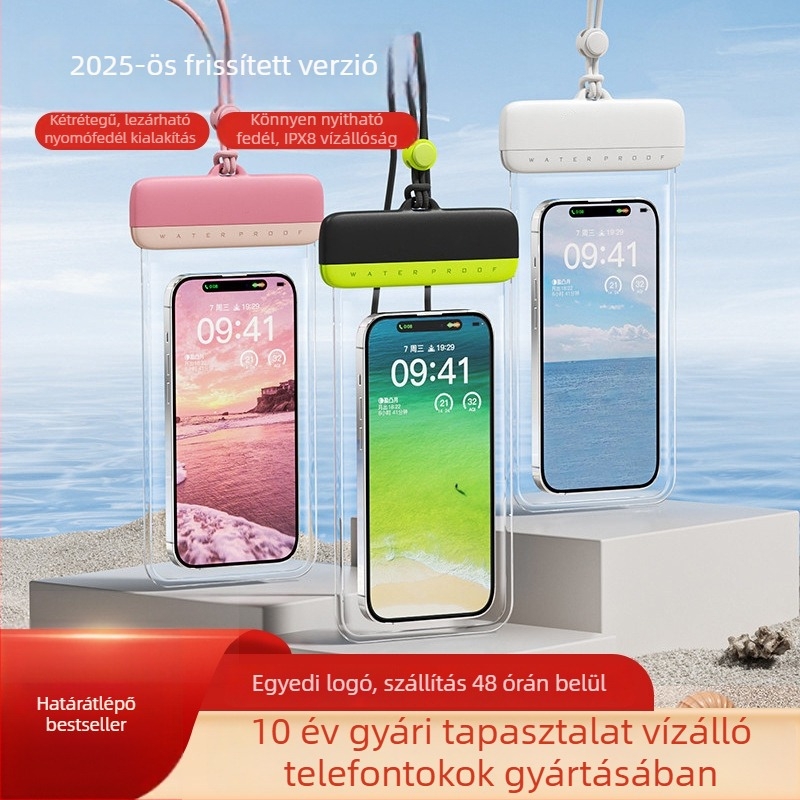 Érintőképernyős vízálló telefon tok úszáshoz és búvárkodáshoz, vízi sportokhoz; átlátszó tömítőfedél.