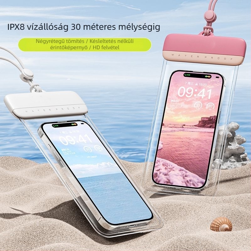 Érintőképernyős vízálló telefon tok úszáshoz és búvárkodáshoz, vízi sportokhoz; átlátszó tömítőfedél.