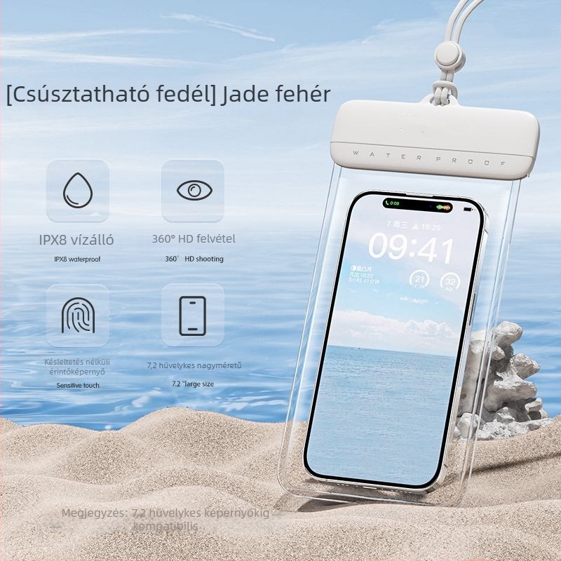 Érintőképernyős vízálló telefon tok úszáshoz és búvárkodáshoz, vízi sportokhoz; átlátszó tömítőfedél.