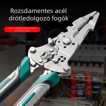 Villanyszerelőknek készült rozsdamentes acél kábelhántoló – többfunkciós, hántolás, vágás, kapaszkodás; összecsukható kialakítás; súly 0,21 kg