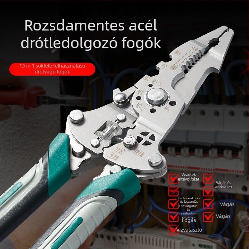Villanyszerelőknek készült rozsdamentes acél kábelhántoló – többfunkciós, hántolás, vágás, kapaszkodás; összecsukható kialakítás; súly 0,21 kg