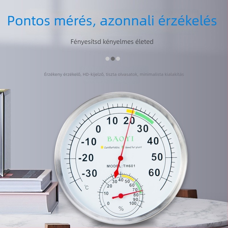 Mechanikus beltéri/kinti hőmérő, páratartalom-mérővel, rozsdamentes acél, nagy pontosság, 100°C maximum