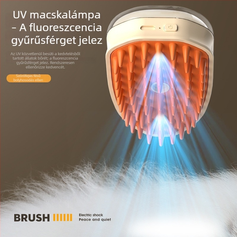 Elektronikus permetezős fésű háziállatok számára, masszázs funkcióval, gubancmentesítő, tűs fésű és fürdető ecset macskáknak