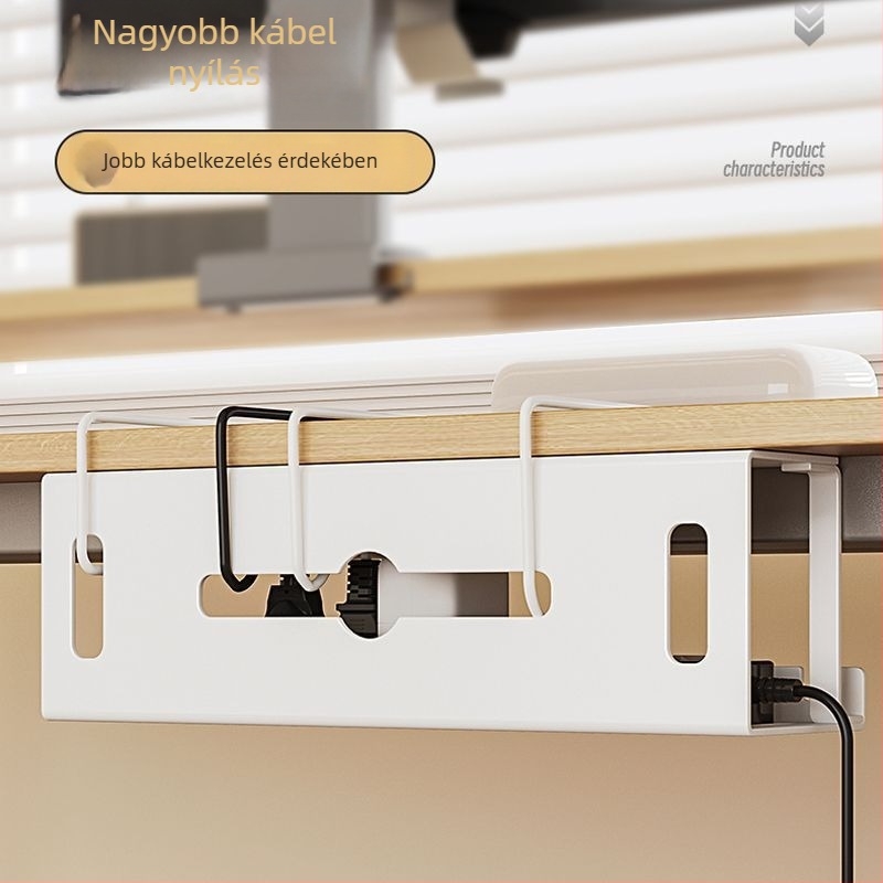 Vasból készült asztal alatti kábelkezelő állvány slotos rekesszel, furatmentes telepítés, kábelrendező
