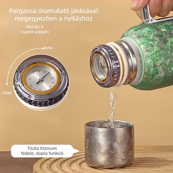 Titániumból készült szigetelt termosz fogantyúval, belső fedél hőmérővel, tea rekesz, 12-24 órás szigetelés