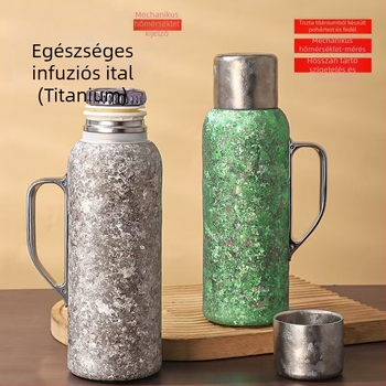 Titániumból készült szigetelt termosz fogantyúval, belső fedél hőmérővel, tea rekesz, 12-24 órás szigetelés