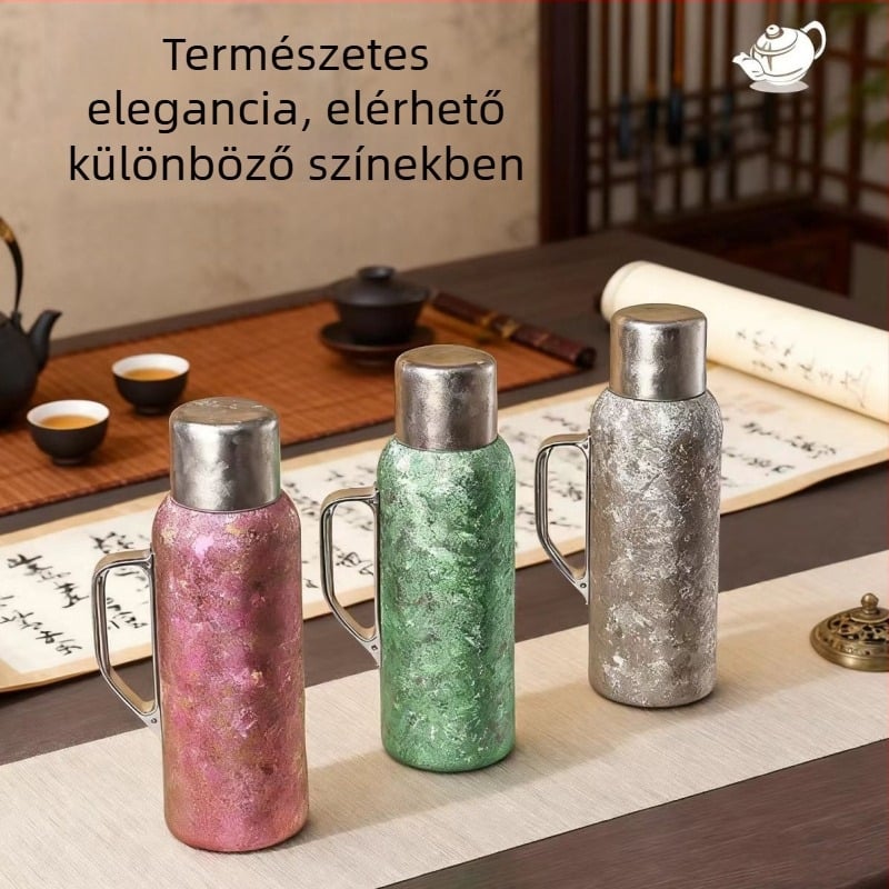 Titániumból készült szigetelt termosz fogantyúval, belső fedél hőmérővel, tea rekesz, 12-24 órás szigetelés