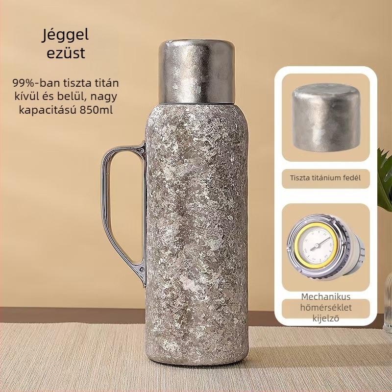Titániumból készült szigetelt termosz fogantyúval, belső fedél hőmérővel, tea rekesz, 12-24 órás szigetelés
