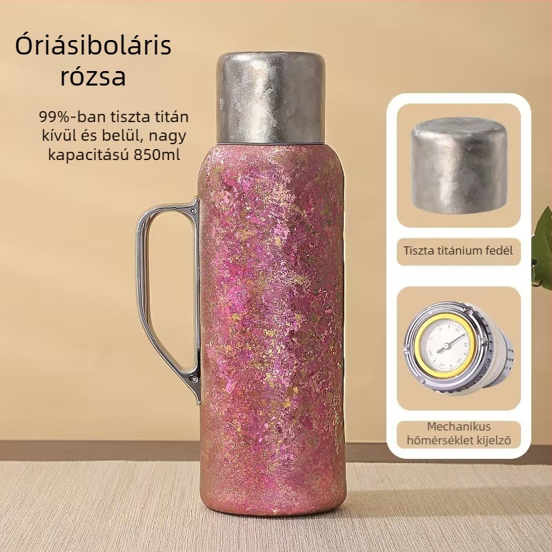 Titániumból készült szigetelt termosz fogantyúval, belső fedél hőmérővel, tea rekesz, 12-24 órás szigetelés