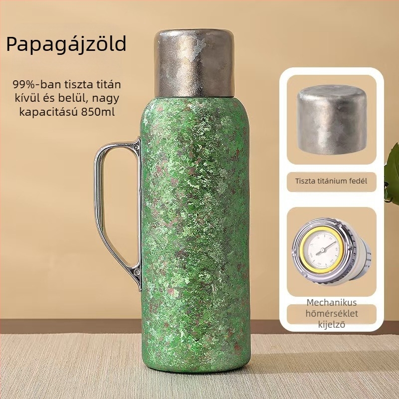 Titániumból készült szigetelt termosz fogantyúval, belső fedél hőmérővel, tea rekesz, 12-24 órás szigetelés