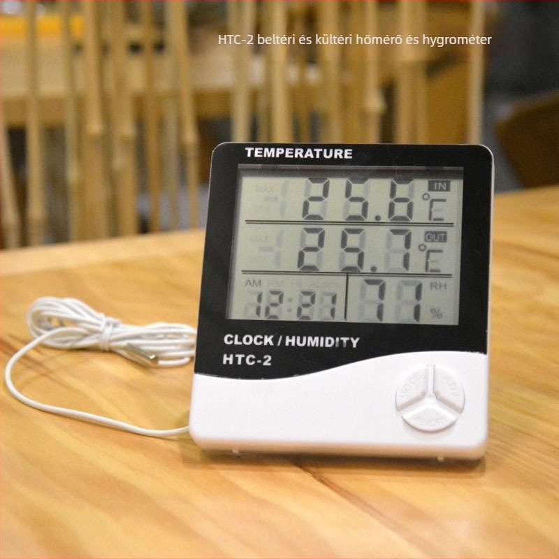 HTC-2 beltéri/kinti higrométer-thermometer riasztással, dupla hőmérséklet kijelzéssel, sonda; hőmérséklethiba legfeljebb 3°C, páratartalomhiba legfeljebb 10%, AAA 1,5V elem
