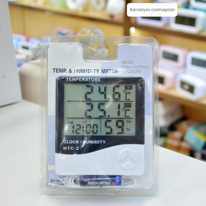 HTC-2 beltéri/kinti higrométer-thermometer riasztással, dupla hőmérséklet kijelzéssel, sonda; hőmérséklethiba legfeljebb 3°C, páratartalomhiba legfeljebb 10%, AAA 1,5V elem