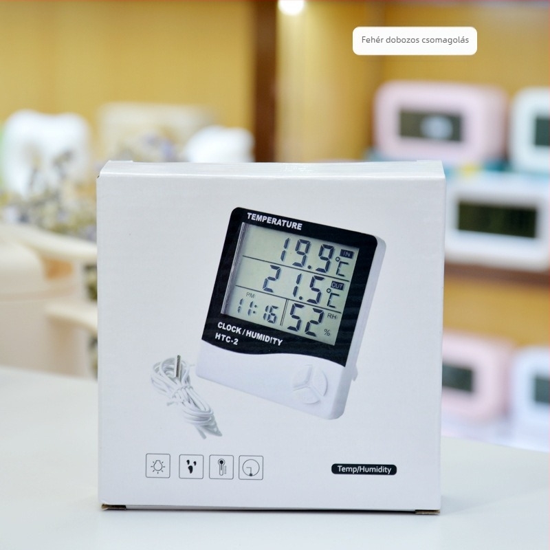 HTC-2 beltéri/kinti higrométer-thermometer riasztással, dupla hőmérséklet kijelzéssel, sonda; hőmérséklethiba legfeljebb 3°C, páratartalomhiba legfeljebb 10%, AAA 1,5V elem