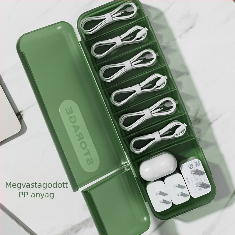 Asztali kábel tároló doboz fedéllel és rekeszekkel (PP anyag, modern minimalist stílus, íróasztal és nappali tárolására, Autonomy márka, 2023-ban piacra dobva)