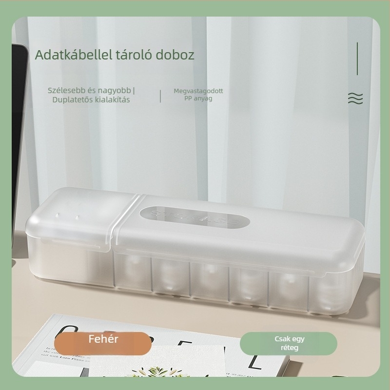 Asztali kábel tároló doboz fedéllel és rekeszekkel (PP anyag, modern minimalist stílus, íróasztal és nappali tárolására, Autonomy márka, 2023-ban piacra dobva)