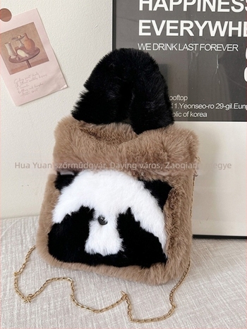 Panda plüss bucket táska mágneszáras, telefontartó zsebbel, szintetikus bőr béléssel