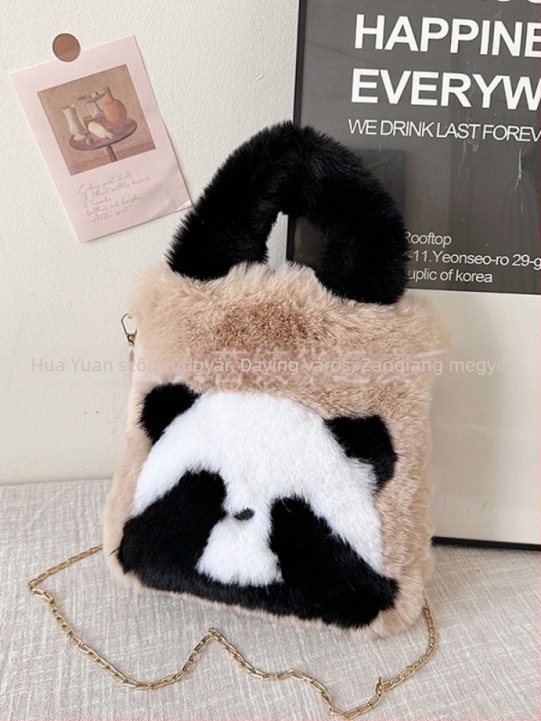 Panda plüss bucket táska mágneszáras, telefontartó zsebbel, szintetikus bőr béléssel