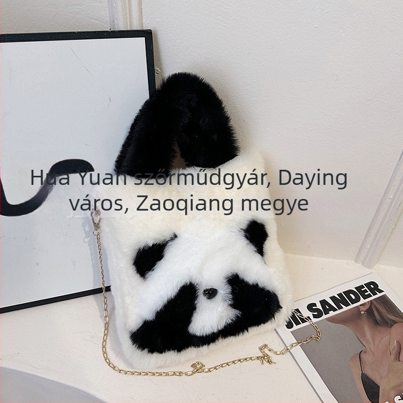 Panda plüss bucket táska mágneszáras, telefontartó zsebbel, szintetikus bőr béléssel