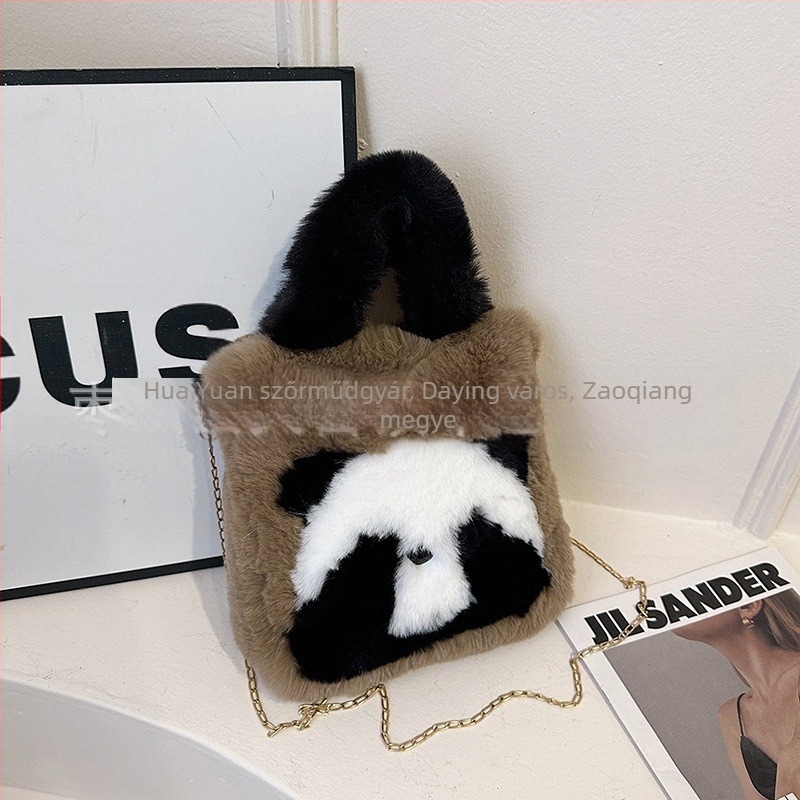 Panda plüss bucket táska mágneszáras, telefontartó zsebbel, szintetikus bőr béléssel