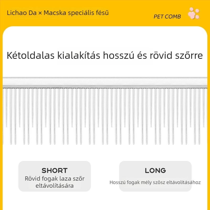 Li Chaoda Kiscállat-gondozó fésű Rag-doll hosszú szőrű macskáknak – kettős fogú, hosszú és rövid tűk, réz rúd