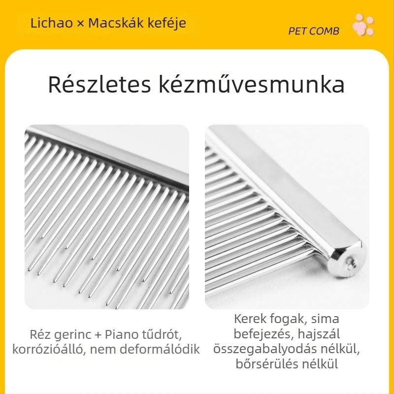 Li Chaoda Kiscállat-gondozó fésű Rag-doll hosszú szőrű macskáknak – kettős fogú, hosszú és rövid tűk, réz rúd