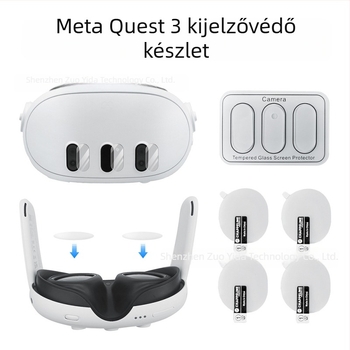 Meta Quest 3 Objektívvédő Készlet: 3 db edzett üveg lencsevédő és 4 db TPU puha fólia, precíz kivágás; kompatibil Meta Quest 3-mal; csomagolás mérete 9.5×6.3×1.4 cm; tömeg 21.5 g; tartalmaz műanyag dobozt és alkoholos tasakot.