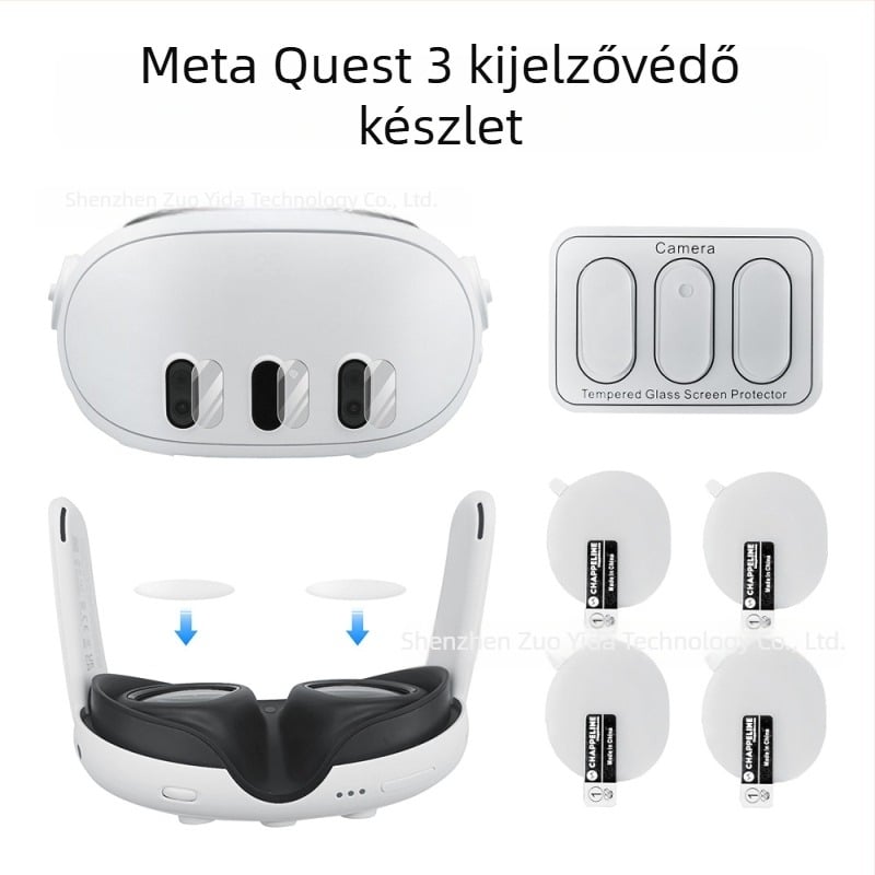 Meta Quest 3 Objektívvédő Készlet: 3 db edzett üveg lencsevédő és 4 db TPU puha fólia, precíz kivágás; kompatibil Meta Quest 3-mal; csomagolás mérete 9.5×6.3×1.4 cm; tömeg 21.5 g; tartalmaz műanyag dobozt és alkoholos tasakot.