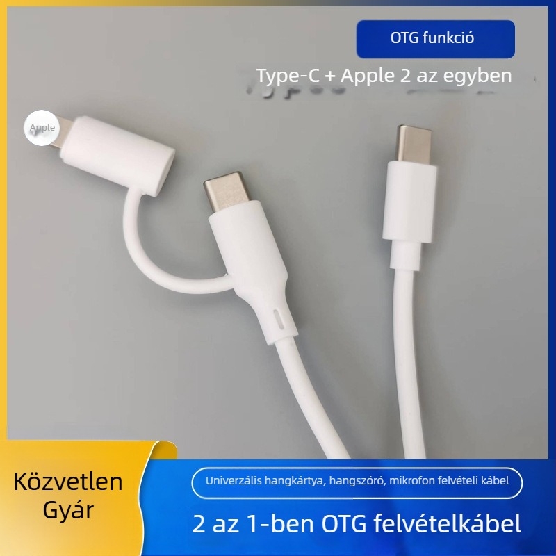 OTG 2‑in‑1 audió interfész kábel élő közvetítéshez, tiszta réz mag, TPE burkolat, injektált ház