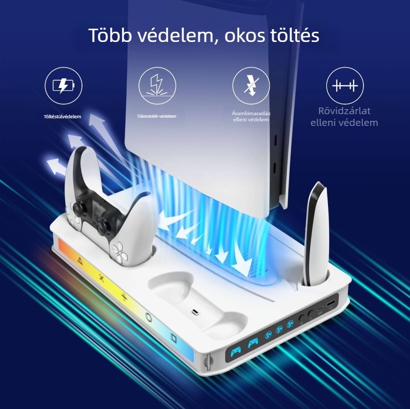 PS5 Pro/Slim hűtőállvány kontroller töltéssel és tárolóval — Modell Mz-8041, USB-csatlakozás, Kompatibil minden PS5 modelllel
