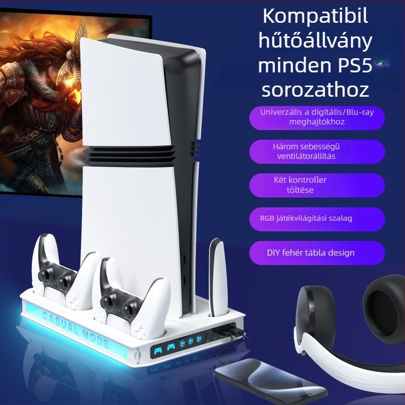 PS5 Pro/Slim hűtőállvány kontroller töltéssel és tárolóval — Modell Mz-8041, USB-csatlakozás, Kompatibil minden PS5 modelllel