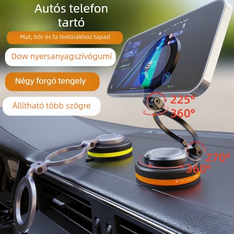 Univerzális autós mágneses telefontartó, 360°-os forgatás, összecsukható, vákuumos rögzítés a műszerfalon