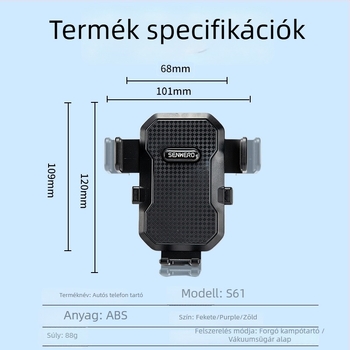 Autós telefontartó vákuumos karikával, műszerfalra szerelhető, 360°-os forgás, univerzálisan kompatibil, 5W teljesítmény