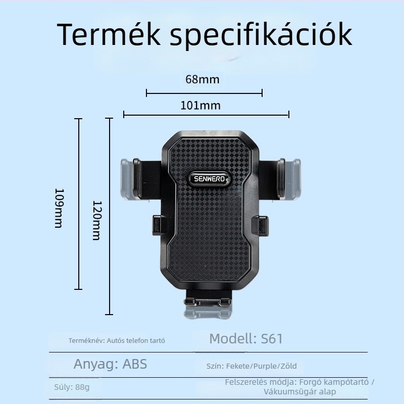 Autós telefontartó vákuumos karikával, műszerfalra szerelhető, 360°-os forgás, univerzálisan kompatibil, 5W teljesítmény