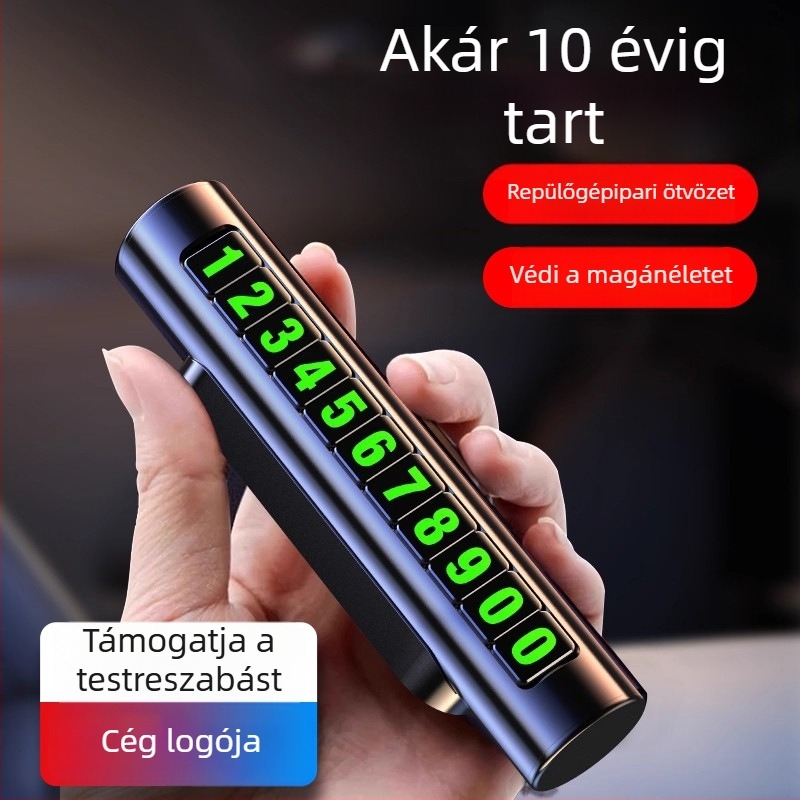 Fém mágneses parkolótábla ideiglenes parkolási számmal, autómozgató jel és céges logó – ajándék
