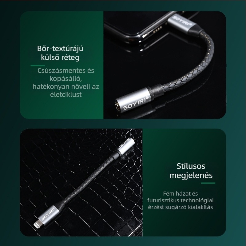 SOYIRI Lightning–3,5 mm fejhallgató adapter aranyozott csatlakozókkal, oxigénmentes réz vezetővel, ROHS tanúsítvány