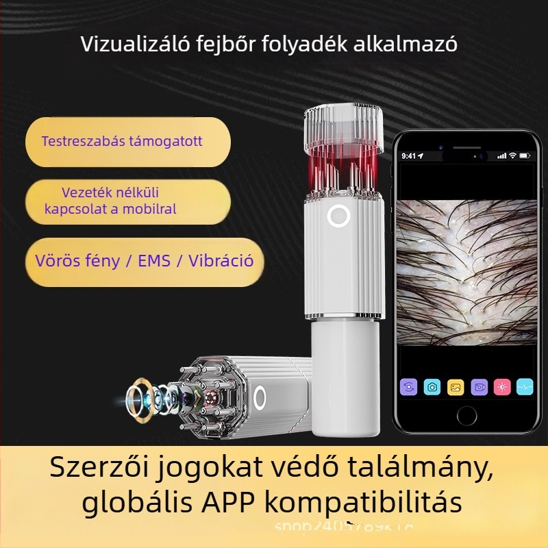 HD kamerás vizuális fejbőr-alkalmazó, mikroáram-masszázs, 3 fokozatú vibráció, vörös fény terápia; Modell YC-2418(C8); Súly 275 g; Tartalmaz masszírozó alkalmazót, adatkábel, útmutató