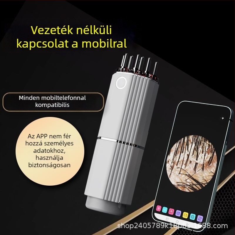 HD kamerás vizuális fejbőr-alkalmazó, mikroáram-masszázs, 3 fokozatú vibráció, vörös fény terápia; Modell YC-2418(C8); Súly 275 g; Tartalmaz masszírozó alkalmazót, adatkábel, útmutató