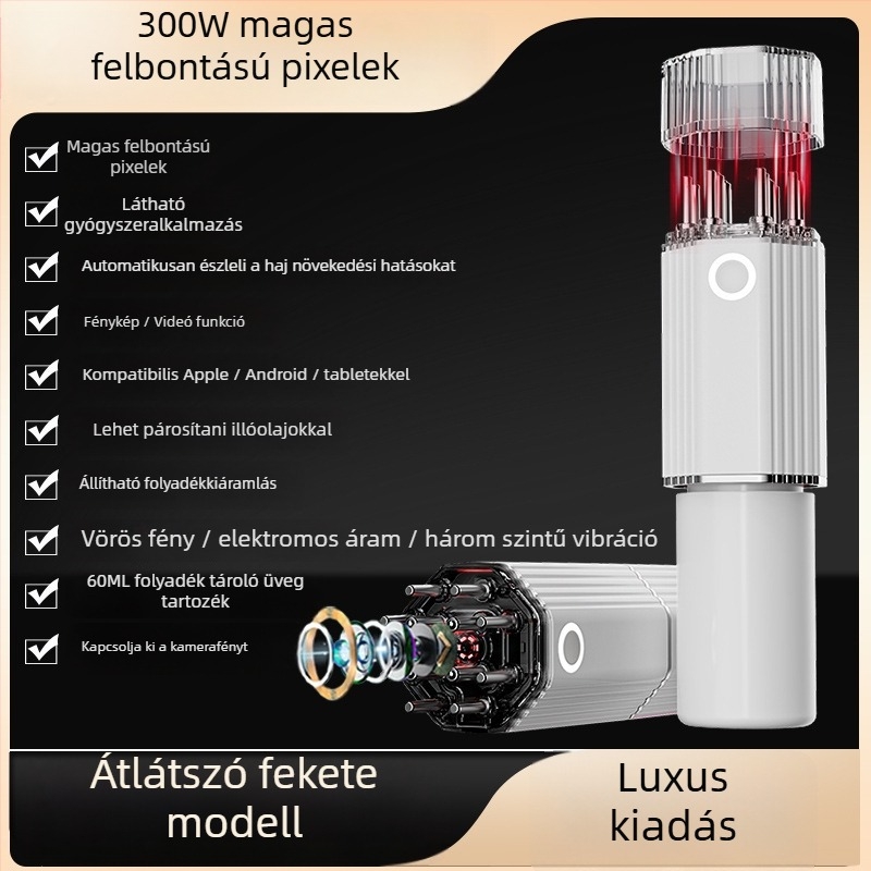 HD kamerás vizuális fejbőr-alkalmazó, mikroáram-masszázs, 3 fokozatú vibráció, vörös fény terápia; Modell YC-2418(C8); Súly 275 g; Tartalmaz masszírozó alkalmazót, adatkábel, útmutató