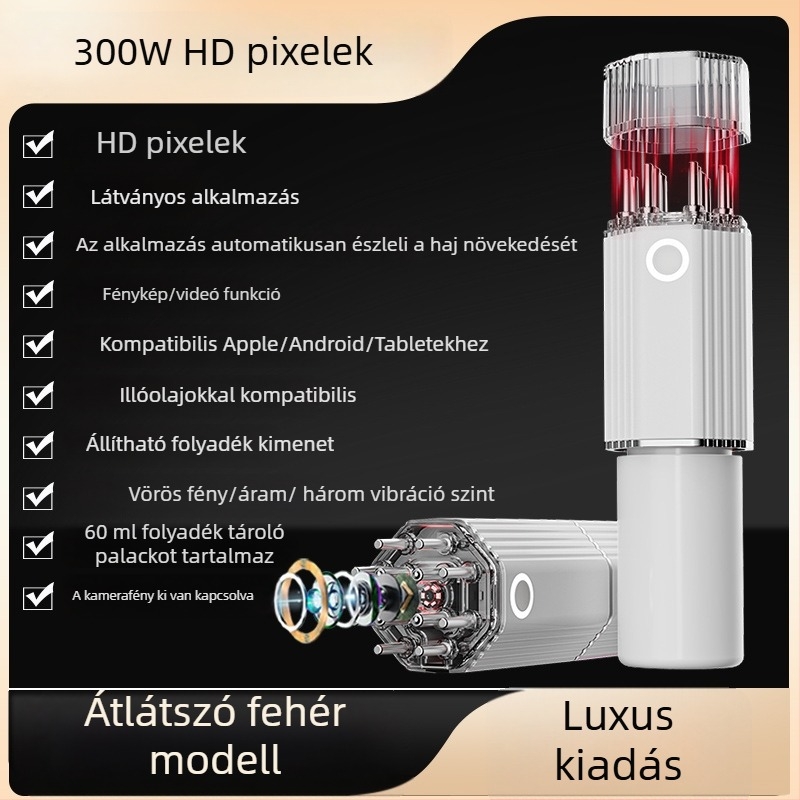 HD kamerás vizuális fejbőr-alkalmazó, mikroáram-masszázs, 3 fokozatú vibráció, vörös fény terápia; Modell YC-2418(C8); Súly 275 g; Tartalmaz masszírozó alkalmazót, adatkábel, útmutató